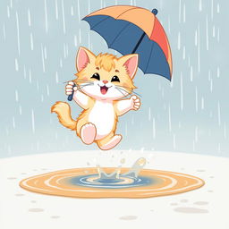 A cartoon-style cheerful kitten jumping over a puddle in the rain, holding an umbrella in one paw