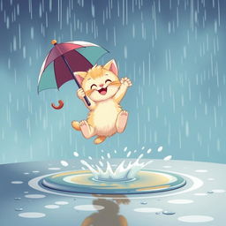 A cartoon-style cheerful kitten jumping over a puddle in the rain, holding an umbrella in one paw