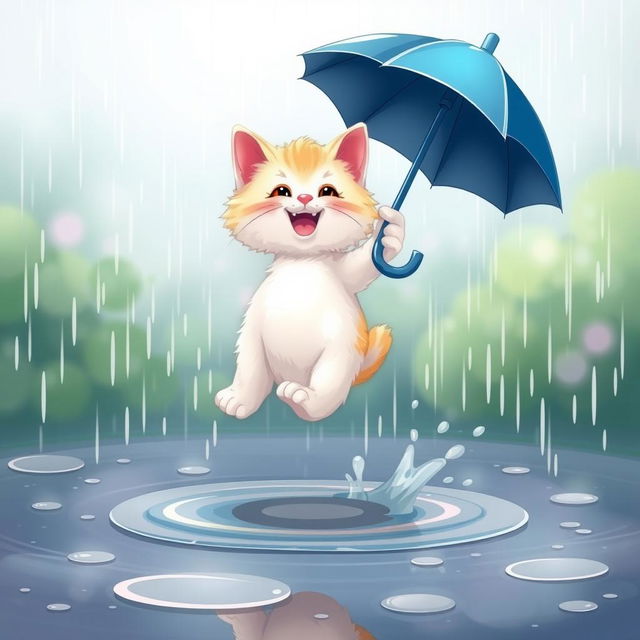 A cartoon-style cheerful kitten jumping over a puddle in the rain, holding an umbrella in one paw