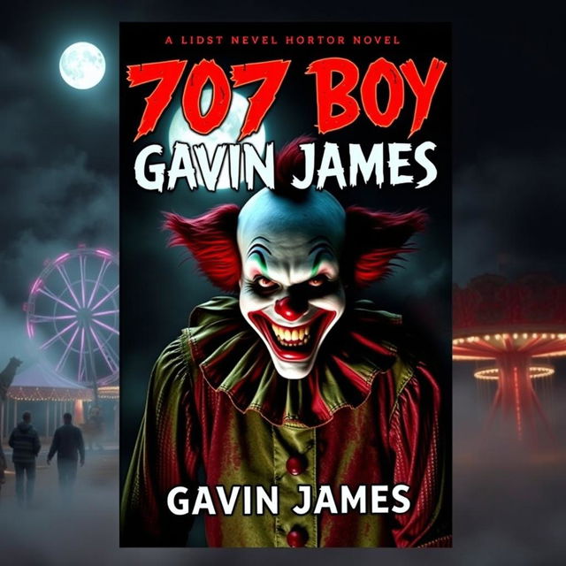 A chilling book cover for a horror novel titled '707 Boy Gavin James', featuring a sinister clown with a menacing grin, looming in the shadows of a dark, abandoned carnival