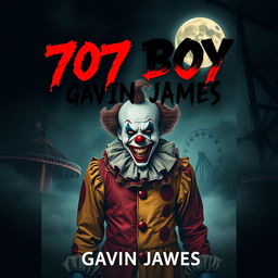 A chilling book cover for a horror novel titled '707 Boy Gavin James', featuring a sinister clown with a menacing grin, looming in the shadows of a dark, abandoned carnival