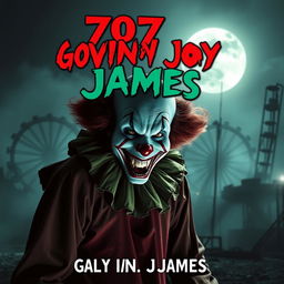A chilling book cover for a horror novel titled '707 Boy Gavin James', featuring a sinister clown with a menacing grin, looming in the shadows of a dark, abandoned carnival