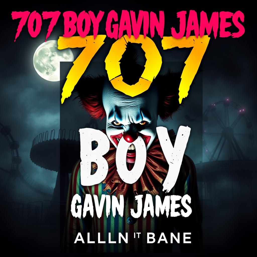 A chilling book cover for a horror novel titled '707 Boy Gavin James', featuring a sinister clown with a menacing grin, looming in the shadows of a dark, abandoned carnival