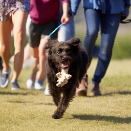 A playful dog running behind people, carrying a bone in its mouth