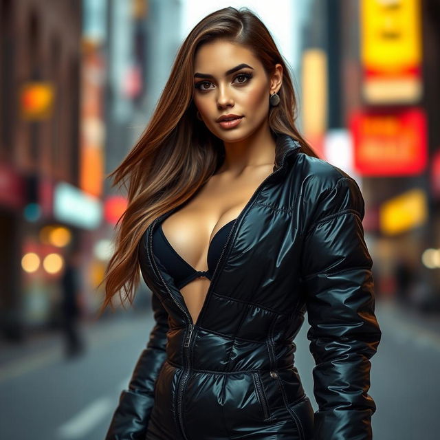 A stunning, attractive young woman wearing a tight, shiny black puffer jacket that accentuates her curves, highlighting her big boobs