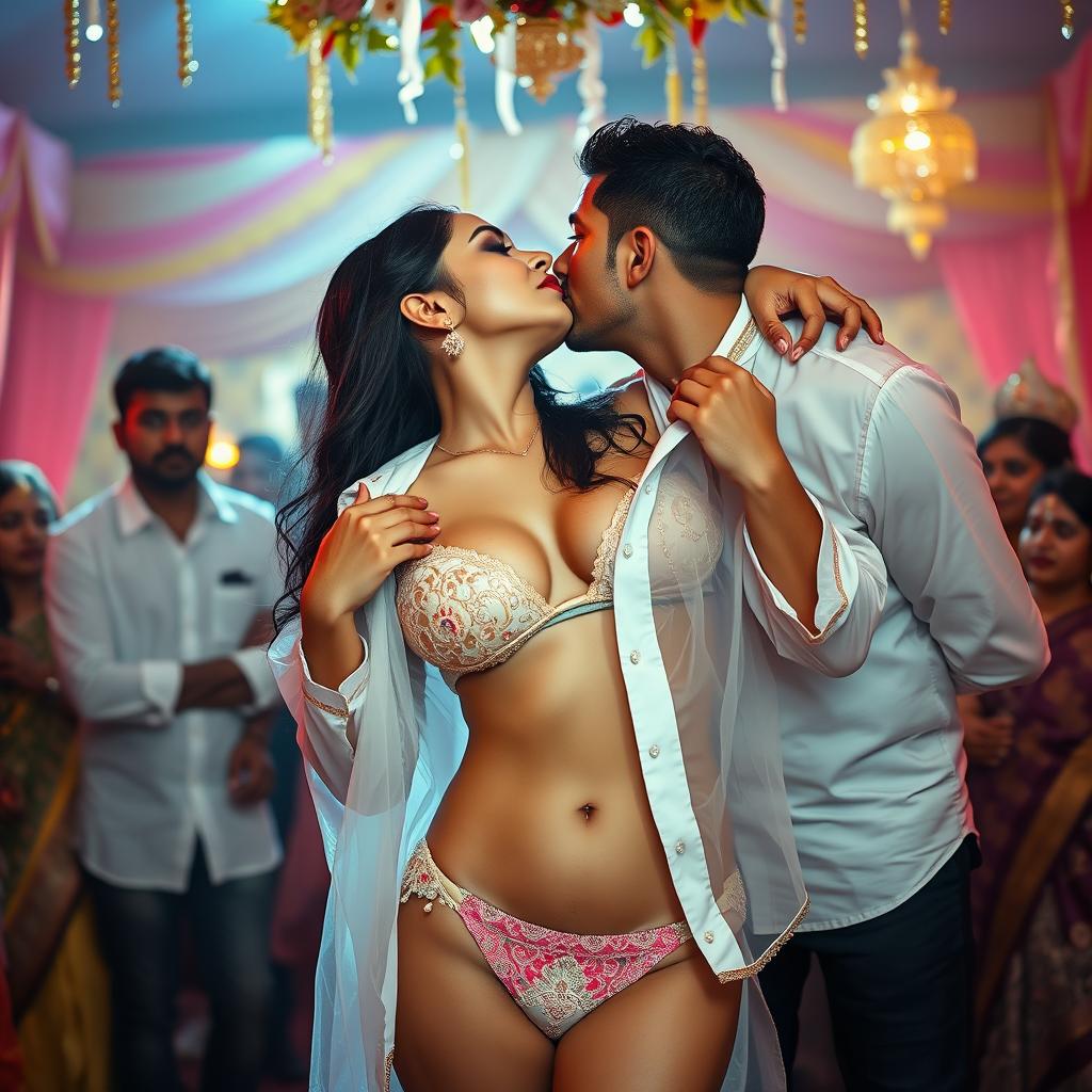 A sensual woman resembling Nushrat Bharucha, dressed in a stunning bikini bottom styled as a unique Muslim bride at a lively wedding