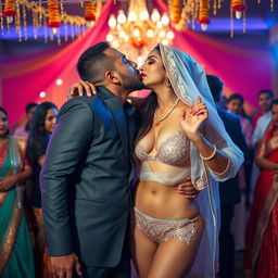 A sensual woman resembling Nushrat Bharucha, dressed in a stunning bikini bottom styled as a unique Muslim bride at a lively wedding