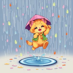 A cartoon-style, cheerful, brightly dressed fluffy kitten playfully jumping over a small puddle in the rain