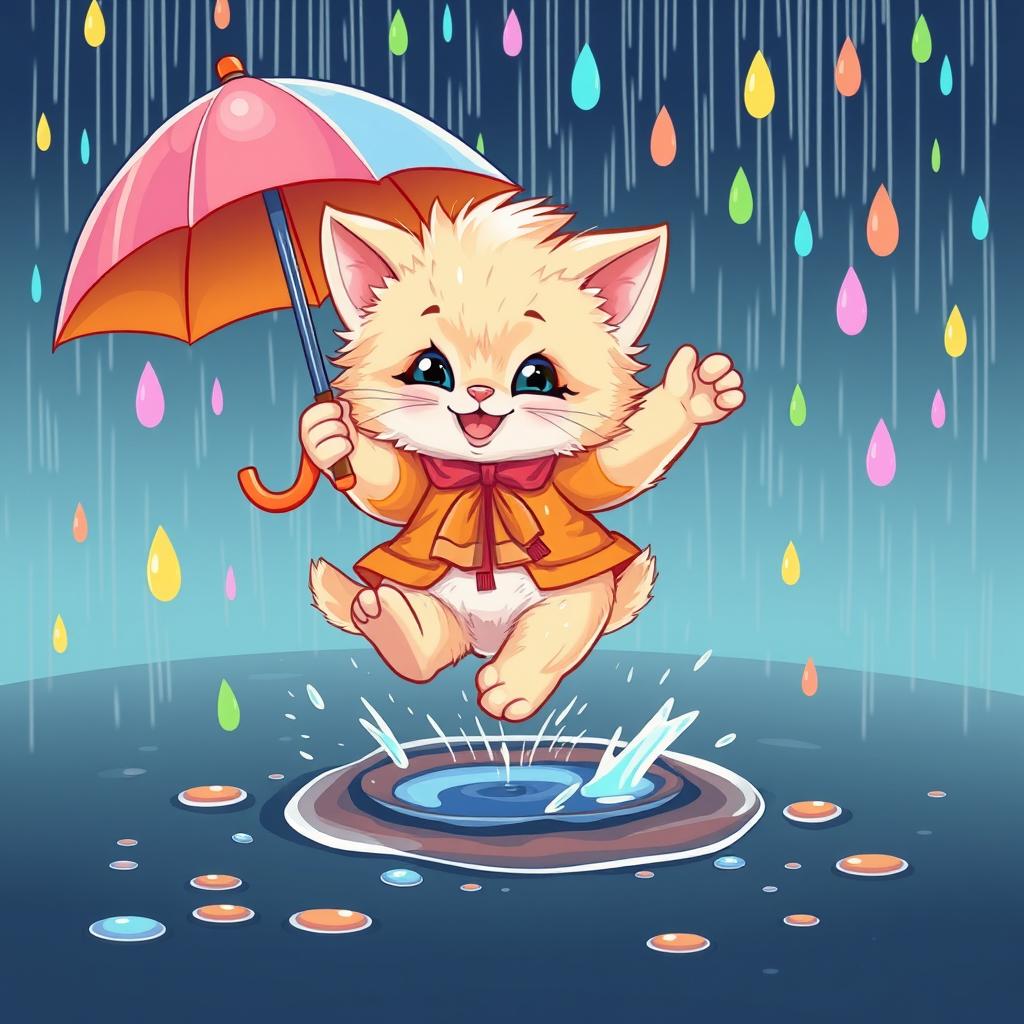 A cartoon-style, cheerful, brightly dressed fluffy kitten playfully jumping over a small puddle in the rain