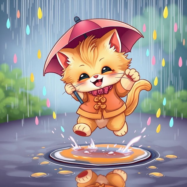 A cartoon-style, cheerful, brightly dressed fluffy kitten playfully jumping over a small puddle in the rain