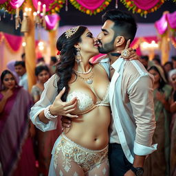 A sensual woman resembling Nushrat Bharucha, elegantly styled in a bikini bottom as a unique Muslim bride at a festive wedding