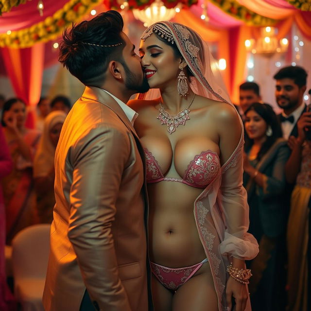 A sensual woman resembling Nushrat Bharucha, elegantly styled in a bikini bottom as a unique Muslim bride at a festive wedding