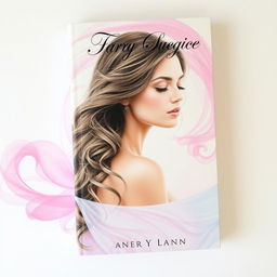 A captivating book cover design featuring an ethereal portrait of a woman with long, flowing hair styled in loose curls, embodying grace and beauty