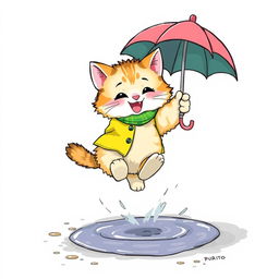 A cartoon-style, pencil-drawn, cheerful, brightly dressed, fluffy kitty playfully jumps over a small puddle in the rain, holding an umbrella in one paw