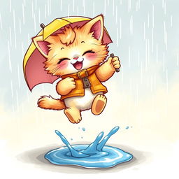 A cartoon-style, pencil-drawn, cheerful, brightly dressed, fluffy kitty playfully jumps over a small puddle in the rain, holding an umbrella in one paw