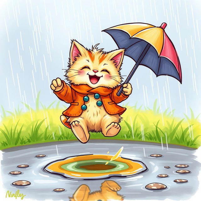 A cartoon-style, pencil-drawn, cheerful, brightly dressed, fluffy kitty playfully jumps over a small puddle in the rain, holding an umbrella in one paw