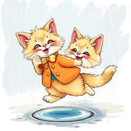 A cartoon-style, pencil-drawn, cheerful, brightly dressed, fluffy kitty playfully jumps over a small puddle in the rain, holding an umbrella in one paw