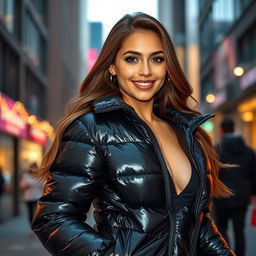 An attractive young woman in a tight, shiny black puffer jacket that perfectly highlights her big boobs
