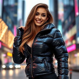 An attractive young woman in a tight, shiny black puffer jacket that perfectly highlights her big boobs