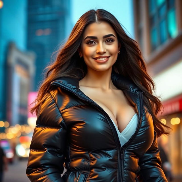 An attractive young woman in a tight, shiny black puffer jacket that perfectly highlights her big boobs