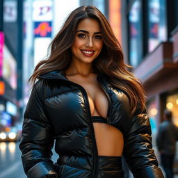 An attractive young woman in a tight, shiny black puffer jacket that perfectly highlights her big boobs