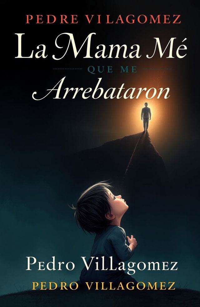 A captivating book cover for "La Mamá Que Me Arrebataron" by Pedro Villagomez, featuring a poignant illustration of a young child looking up at a shadowy figure disappearing into the distance, symbolizing loss and longing