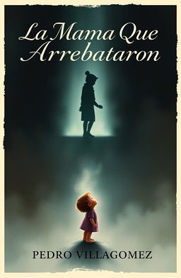 A captivating book cover for "La Mamá Que Me Arrebataron" by Pedro Villagomez, featuring a poignant illustration of a young child looking up at a shadowy figure disappearing into the distance, symbolizing loss and longing