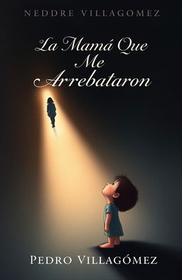 A captivating book cover for "La Mamá Que Me Arrebataron" by Pedro Villagomez, featuring a poignant illustration of a young child looking up at a shadowy figure disappearing into the distance, symbolizing loss and longing