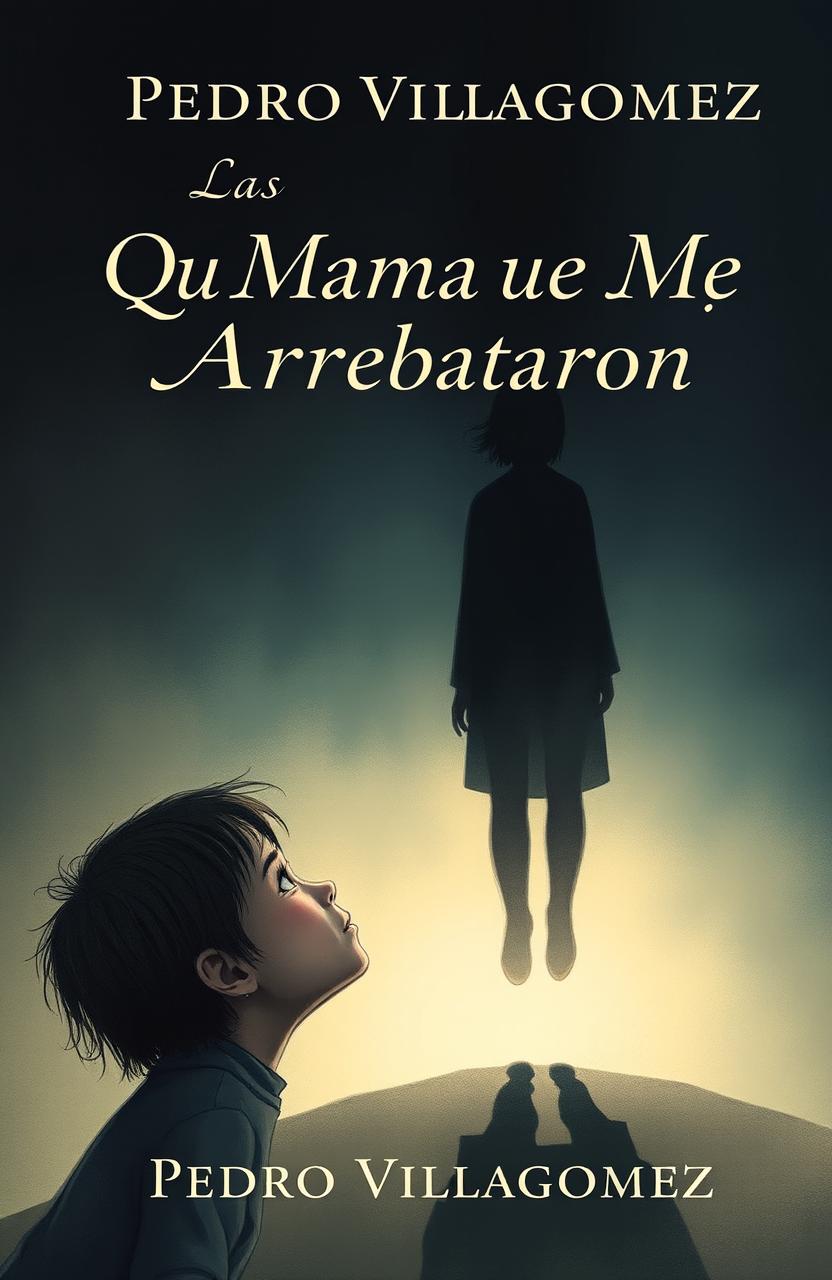 A captivating book cover for "La Mamá Que Me Arrebataron" by Pedro Villagomez, featuring a poignant illustration of a young child looking up at a shadowy figure disappearing into the distance, symbolizing loss and longing