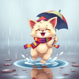 A cartoonish, cheerful, brightly dressed fluffy kitten energetically splashing in a small puddle in the rain