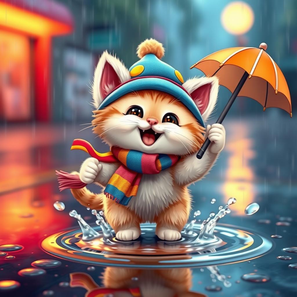 A cartoonish, cheerful, brightly dressed fluffy kitten energetically splashing in a small puddle in the rain