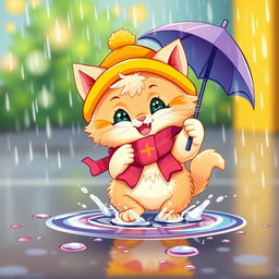 A cartoonish, cheerful, brightly dressed fluffy kitten energetically splashing in a small puddle in the rain