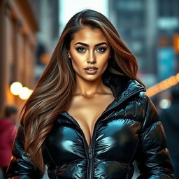 An attractive young woman in a tight, shiny black puffer jacket that accentuates her big boobs