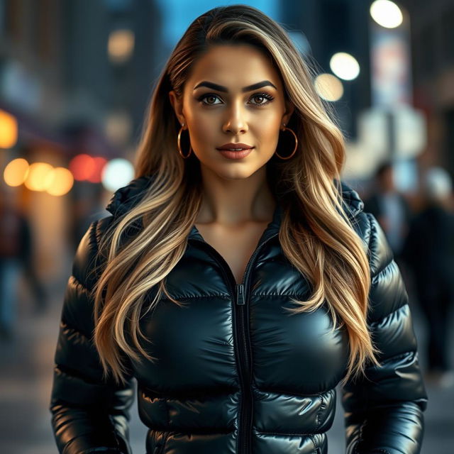 An attractive young woman in a tight, shiny black puffer jacket that accentuates her big boobs