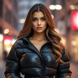 An attractive young woman in a tight, shiny black puffer jacket that accentuates her big boobs