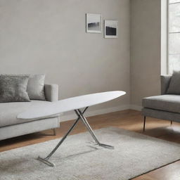 A modern ironing board with a mat-like cover on it, placed in a contemporary living room setting.