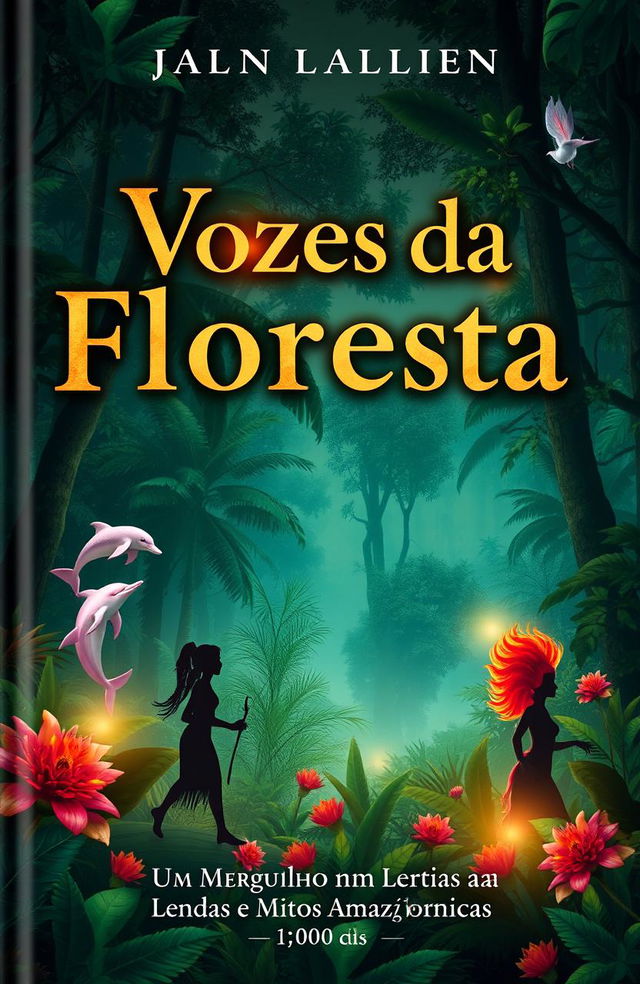 A captivating book cover design featuring mystical elements of the Amazon rainforest, titled 'Vozes da Floresta: Um Mergulho nas Lendas e Mitos Amazônicas'