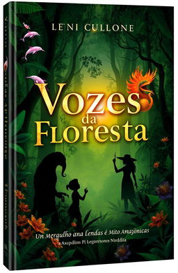 A captivating book cover design featuring mystical elements of the Amazon rainforest, titled 'Vozes da Floresta: Um Mergulho nas Lendas e Mitos Amazônicas'