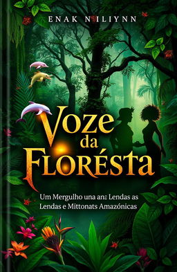 A captivating book cover design featuring mystical elements of the Amazon rainforest, titled 'Vozes da Floresta: Um Mergulho nas Lendas e Mitos Amazônicas'