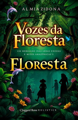 A captivating book cover design featuring mystical elements of the Amazon rainforest, titled 'Vozes da Floresta: Um Mergulho nas Lendas e Mitos Amazônicas'