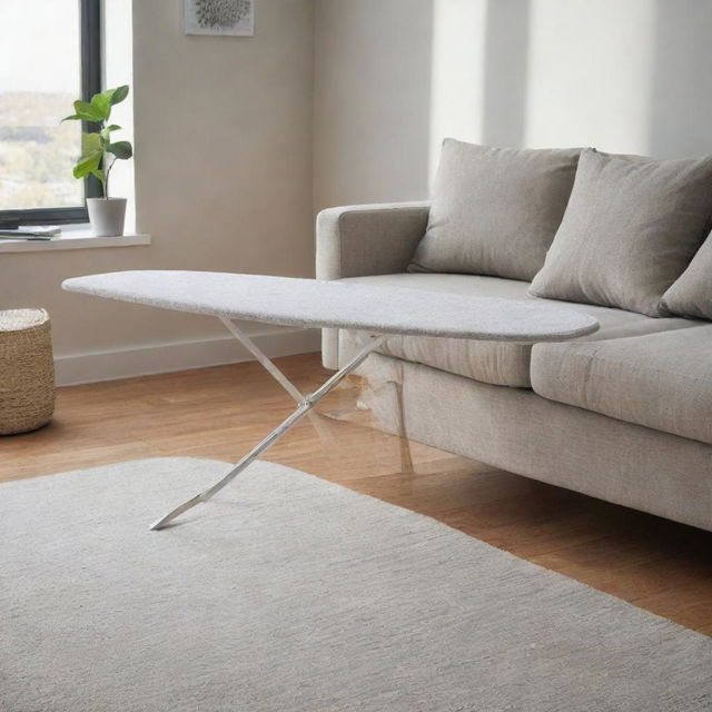 A modern ironing board with a mat-like cover on it, placed in a contemporary living room setting.