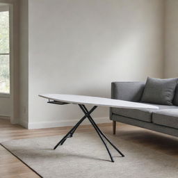 A modern ironing board with a mat-like cover on it, placed in a contemporary living room setting.