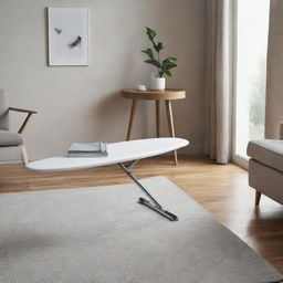 A modern ironing board with a mat-like cover on it, placed in a contemporary living room setting.