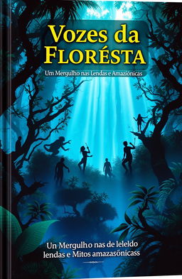A visually striking book cover titled "Vozes da Floresta: Um Mergulho nas Lendas e Mitos Amazônicas" prominently displayed at the top