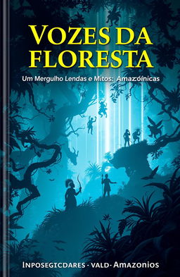 A visually striking book cover titled "Vozes da Floresta: Um Mergulho nas Lendas e Mitos Amazônicas" prominently displayed at the top