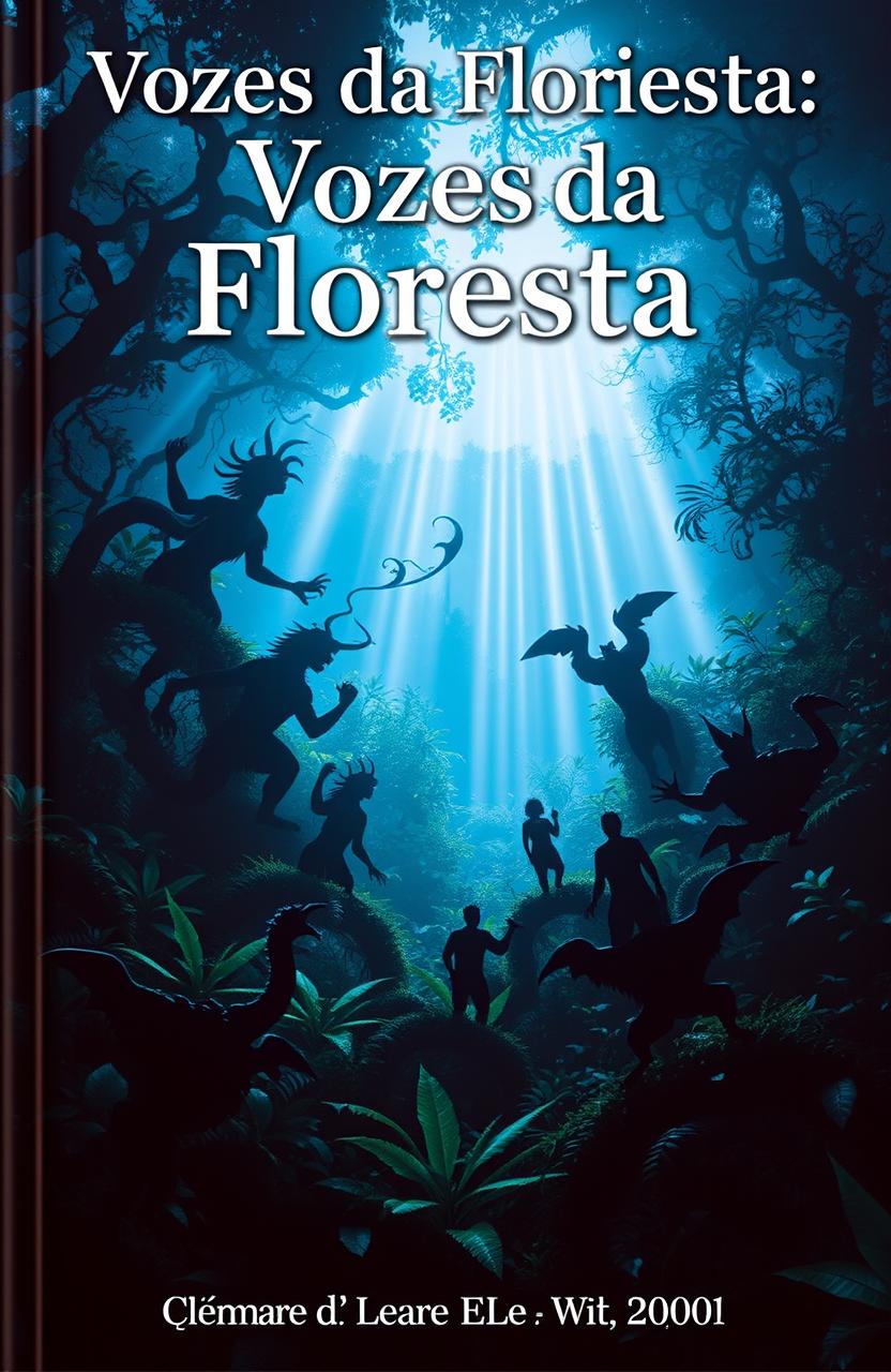 A visually striking book cover titled "Vozes da Floresta: Um Mergulho nas Lendas e Mitos Amazônicas" prominently displayed at the top