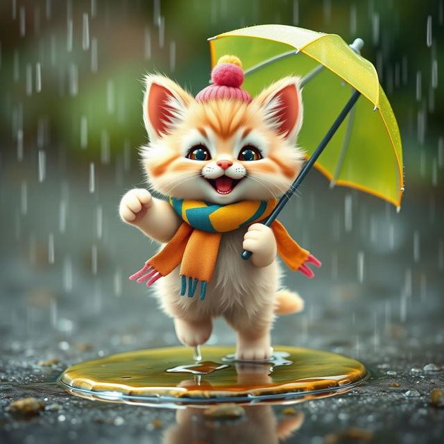 A close-up of a cartoonish, cheerful fluffy kitten wearing a bright outfit, a cute hat, and a colorful scarf, joyfully hopping on a small puddle in the rain