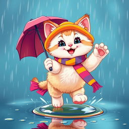 A close-up of a cartoonish, cheerful fluffy kitten wearing a bright outfit, a cute hat, and a colorful scarf, joyfully hopping on a small puddle in the rain
