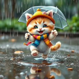 A close-up of a cartoonish, cheerful fluffy kitten wearing a bright outfit, a cute hat, and a colorful scarf, joyfully hopping on a small puddle in the rain