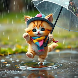 A close-up of a cartoonish, cheerful fluffy kitten wearing a bright outfit, a cute hat, and a colorful scarf, joyfully hopping on a small puddle in the rain